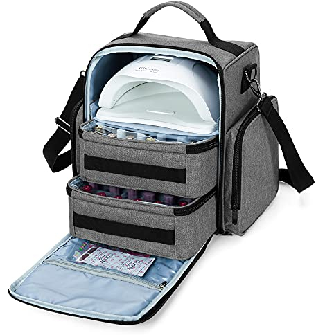 BAFASO Nail Polish Organiser Holds 48 Bottles (15ml - 0.5 fl.oz) and a Nail Lamp, Large Case with 2 Removable Pouches and Multiple Storage Sections (Bag Only), Grey (Patented)