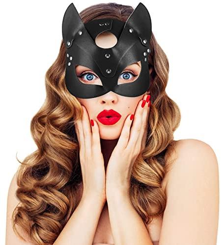 UNOLIGA Halloween Katze Maske Damen, Sexy Venezianische Maske Maskenball Augenmaske, Schwarze PU Leder Catwoman Maske für Maskerade Fasching Karneval Party Christmas (2023 Verbesserte Version)