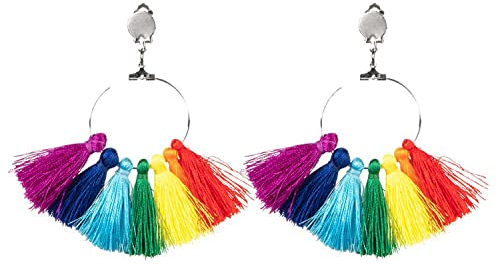Boland 44742 - Regenbogen-Ohrringe mit Quasten, Ohr-Clips, Mode-Schmuck, Accessoire, Kostüm, Karneval, Mottoparty
