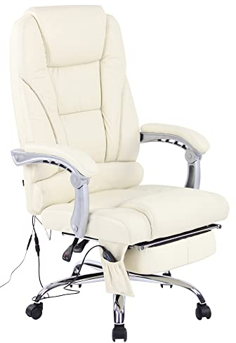 CLP Bürostuhl Pacific Echtleder I Massage-Funktion I Höhenverstellbar I Fußablage, Farbe:Creme