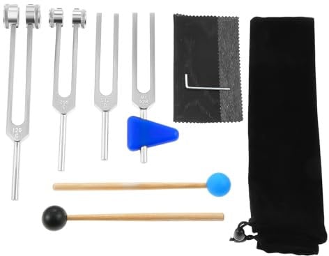 Stimmgabel-Set, 128 Hz, 256 Hz, 512 Hz, 528 Hz, Klanginstrument, Stimmgabeln Chakra mit Hammer, dreieckigem Kieselgel, Schraubenschlüssel, Aufbewahrungstasche und Reinigungstuch, Silber, 4 Stück