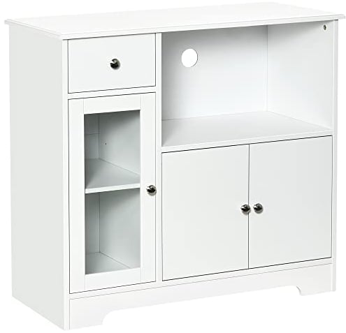 HOMCOM Meuble Micro-Ondes, Buffet Cuisine, Armoire de Rangement, pour Cuisine, Salle à Manger 90 x 40 x 82 cm Verre trempé et Bois, Blanc
