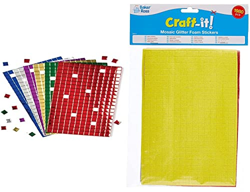 Baker Ross Selbstklebende Mosaik-Quadrate aus Moosgummi, metallic(1440 Stück pro Packung) & Glitzernde Mosaik-Quadrate aus Schaumstoff zum Basteln und Aufkleben für Kinder (1980 Stück)