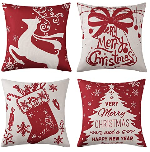LuxFocus Kissenbezug Weihnachten, 4er Set Kunstleinen Rot Weihnachten Dekokissen Kissenhülle Weihnachtsbaum Rentier Kissenbezug für Sofa Wohnzimmer Schlafzimmer 45 x 45 cm