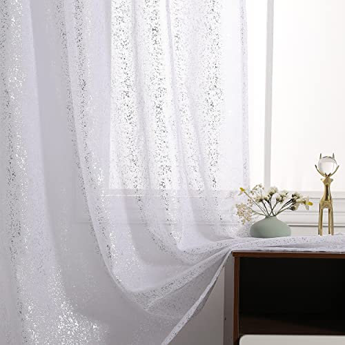Kotile Sparkle Netzvorhänge, Metallic Silber Folie Glitzer Durchsichtige Vorhänge 228 cm Länge, Sichtschutz Stangentasche Weiß Voile Vorhänge für Wohnzimmer, 2 Paneele