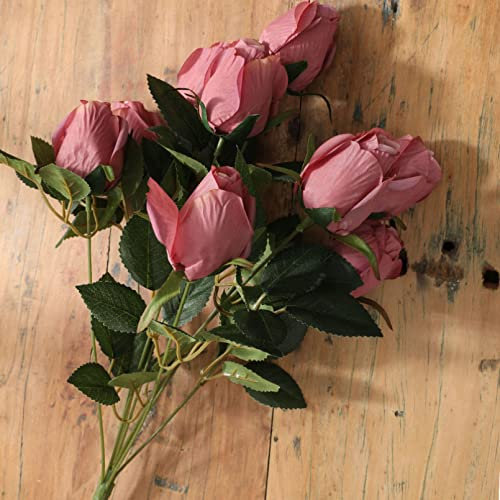 Equirider 45 cm 9 Têtes Artificielle Thé Rose Bourgeon Fleurs Bouquet pour La Saint Valentin De Mariage De Mariée Maison Table Décoration Soie Rose Faux Fleurs