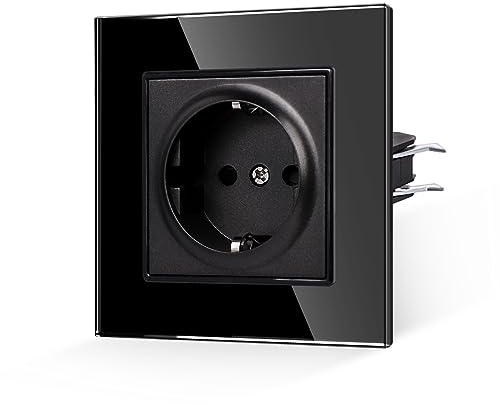 JIMEIDA Steckdose Glas Schwarz 1 Fach,16 Amp Gehärteter Glasscheibe Standard Steckdose Schutzkontakt Wandsteckdose 86mm 250V