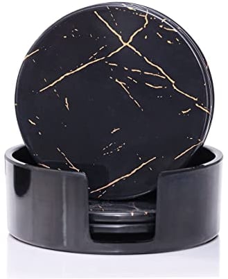 Aysam Coasters | Marble & Ceramic Style Round Drink Coaster Set of 6 With Holder | Tabletop Protection Cup Pad Mat For Kitchen Home Outdoor Garden Decor | For All Kinds of Cup Mug. (Black Gold)