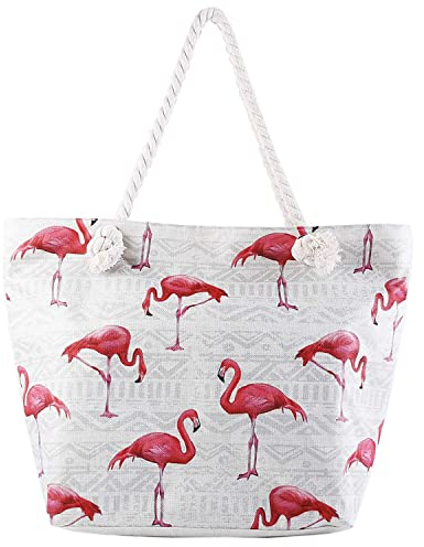crazy bean Große Strandtasche mit Reißverschluss Damen Badetasche für Reisen Sommer Shopper Schultertasche Beach Tote Bag(Flamingo)