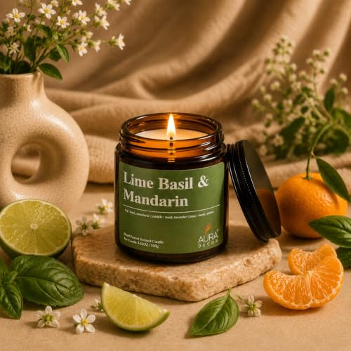 AuraDecor Duftkerze im Glas, Sojawachs, bernsteinfarben, Bio-Luxusaroma, aromatische/Aromatherapie, Votivkerze || Brenndauer bis zu 30 Stunden (Limette, Basilikum und Mandarine, groß)