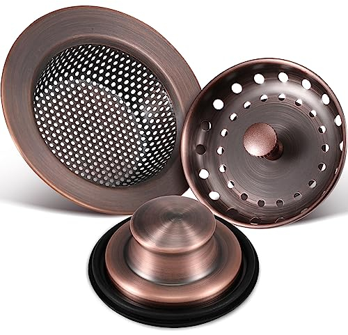Mudder 3 Pcs Kitchen Sink Drain Strainer and Stopper Stainless Steel Garbage Disposal Plug with Handle Universal Anti-Clogging Kitchen Sink Filter Sieve Basket Strainer(Antique Copper)
