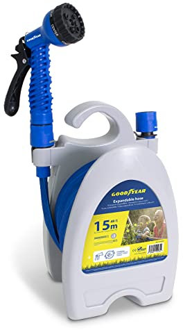 Goodyear - Manguera de Jardín Extensible 15 m, Látex Antitorsión, 4 BAR, Incluye Pistola de 7 Posiciones, Conectores 1/2 y 3/4, Enrollador, Anti-UV, Ligera y Resistente