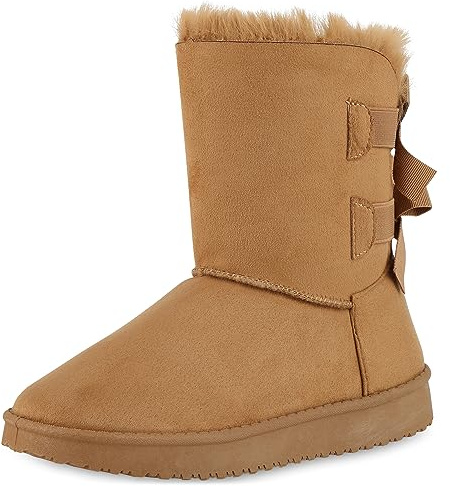 VAN HILL Damen Warm Gefütterte Winter Boots Stiefeletten Bequeme Kunstfell Schuhe Flache Schleifen Stiefel Profilsohle Booties 611506 Hellbraun 41
