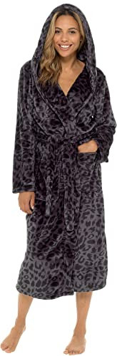 KATE MORGAN Ladies Dressing Gown Fluffy Super Soft Hooded Bathrobe for Women Plush Fleece Perfect Loungewear Long Robe | Gifts for Women M PANTHER