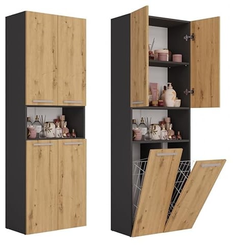 CDF Bad-Hochschrank NEL 2K DK | Farbe: Eiche Artisan/Anthrazit | Modernes Badregal | Stauraumschrank | Geräumige Einlegeböden | Türen | Einfache Montage | 2 Wäschekrobe