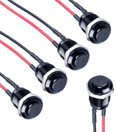 Biwwubik 5 Stück 12 mm Verriegelnder Druckknopf, Verriegelnder Druckschalter, Hoher Runder Kopf mit Vorgelötetem Kabel, Aluminiumlegierung, 1 Schließer, Wasserdicht