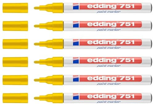 EDDING Set mit 6 Lackstiften, 751, Gelb, runde Spitze, 1 – 2 mm