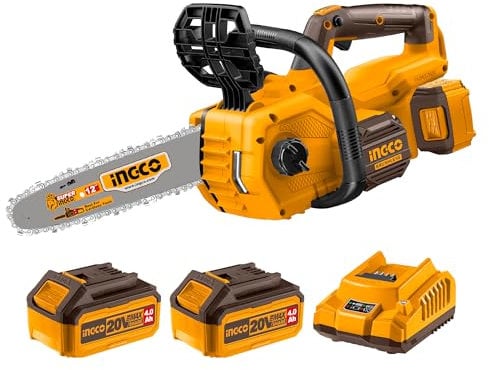 INGCO Cordless Chain Saw 12Inch Brushless Motor 7.9m/s Chain Speed 44 Drive Links with 2Pcs 4.0Ah Battery and 1Pcs Charger for Cutting Trees and Wood CGSLI201286