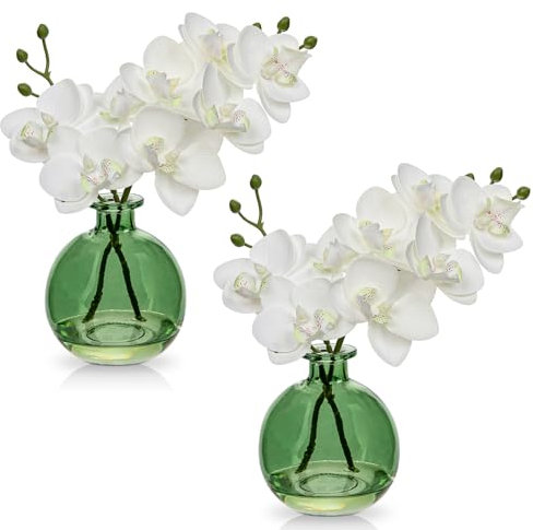 2 orchidee artificiali bianche con vaso di vetro verde, decorazione di orchidee, fiori artificiali in vaso con fiori reali touch, orchidee finte, bonsai artificiali, per hotel, soggiorno, ufficio,
