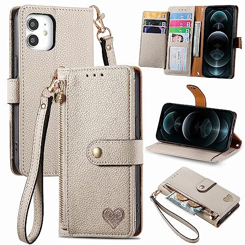 VEEMOS Zipper Wallet Case for Apple iPhone 12 Mini Phone Case with Purse Card Holders RFID Blocking Leather Flip Case Book Cover Wrist Strap Women - Gray