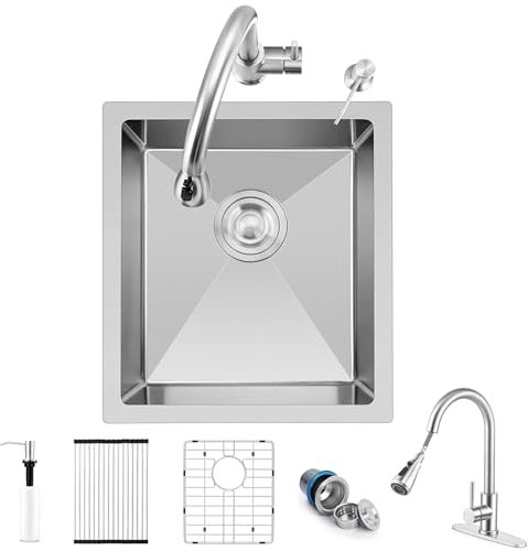 Herogo 38,1 x 43,2 cm Unterbau-Küchenspüle mit Wasserhahn-Kombination, kleine Edelstahl-tiefe Einzelschüssel, Mehrzweckspüle für Wohnmobil, Bar, Outdoor, Bauernhaus, Waschküche, mit gebürstetem