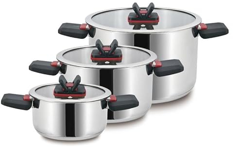 BAVARIA SET CASSERUOLE 6PZ INOX CM. 16/20/24 AD INDUZIONE CON COPERCHIO VETRO E MANICI SALVASPAZIO