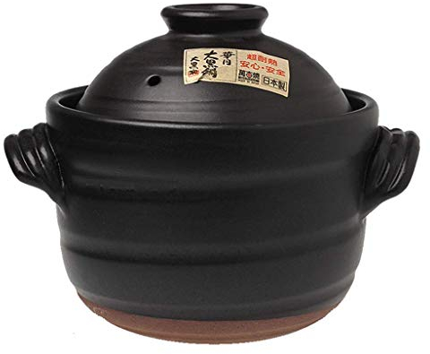 Olla caliente Cazuela de cerámica redonda Olla arrocera japonesa con doble tapa Olla de arroz de arcilla Estofado lento Olla de barro esmaltada resistente al calor Olla de sopa negra 0,9 l