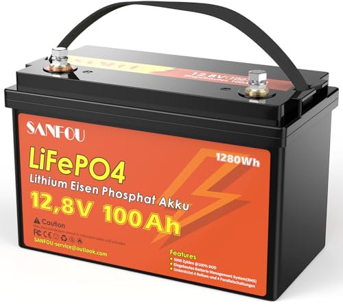 SANFOU Batterie LiFePO4 12V 100Ah, Batterie Lithium 1280Wh avec BMS 100A, 5000-15000 fois, Batteries de Voiture, Prise en charge 4S4P, Parfaite comme source d'alimentation pour les camping-cars