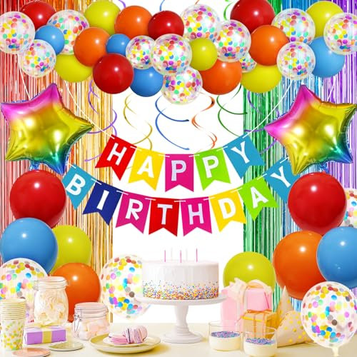 Geburtstagsdeko Mehrfarbig - Regenbogen Deko, Premium Happy Birthday Girlande Luftballons Vorhänge, Kindergeburtstag Jungen Mädchen, Geburtstag Party Deko Männer Frauen