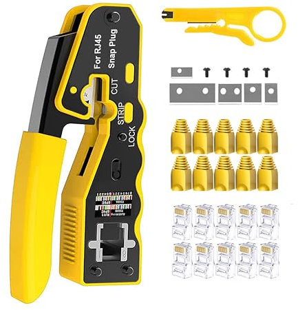 MAYLINE Pince à Sertir de RJ45 Kit d'Installations Professionel, Testeur Reseau LAN Wire Strippe CAT7 CAT6 CAT5 Sertissage, Outillage Câble à Outils de Réparation pour Cablage Ordinateur (Noir)
