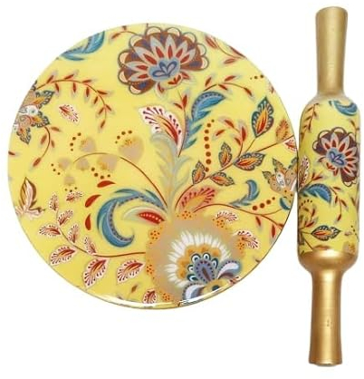 Samyuktha Marble Chakla/Rolling Board and Wooden Belan/Rolling Pin Without Stand (10 inch) Multicolor || Printed Design