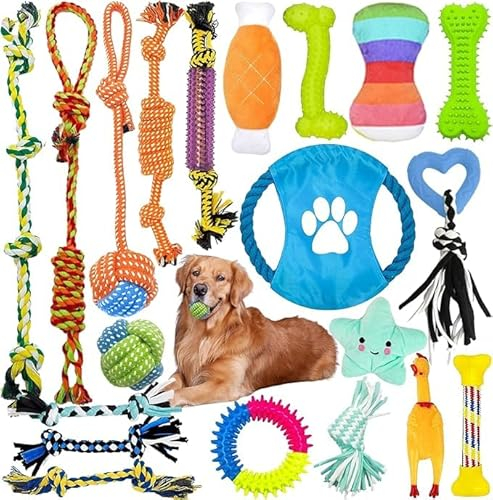 LOVICVKEM Jouet pour Chiens,Lot de 20 de Jouets pour Chien,Jouet Interactif Chien Corde Balle,pour Grands,Moyens et Petits Jouet Chien Interactif,Coton Naturel et Non Toxique (A)
