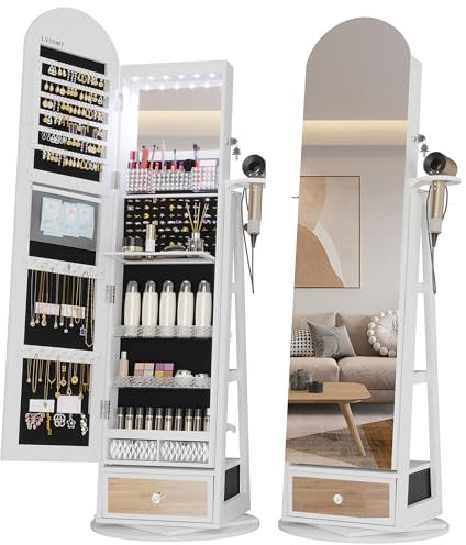 LVSOMT LED Bogen Schmuckschrank mit Spiegel, 360° Drehbar Standspiegel mit Schmuckschränke, Abschließbar Schmuckspiegelschrank mit Beleuchtung, Schmuckschrank Stehend Holz mit 3 Stufiges Regal, Weiß
