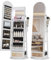 LVSOMT LED Bogen Schmuckschrank mit Spiegel, 360° Drehbar Standspiegel mit Schmuckschränke, Abschließbar Schmuckspiegelschrank mit Beleuchtung, Schmuckschrank Stehend Holz mit 3 Stufiges Regal, Weiß