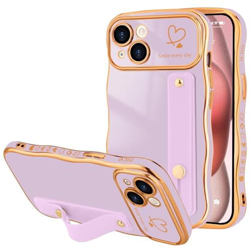 LLZ.COQUE for iPhone 15 Plus Case, Luxury Plating Love-Heart Wave Frame Shape Design, Adjustable Hand Strap Stand Cover, Shockproof Bumper Girls Women Phone Case iPhone 15 Plus, Light Purple