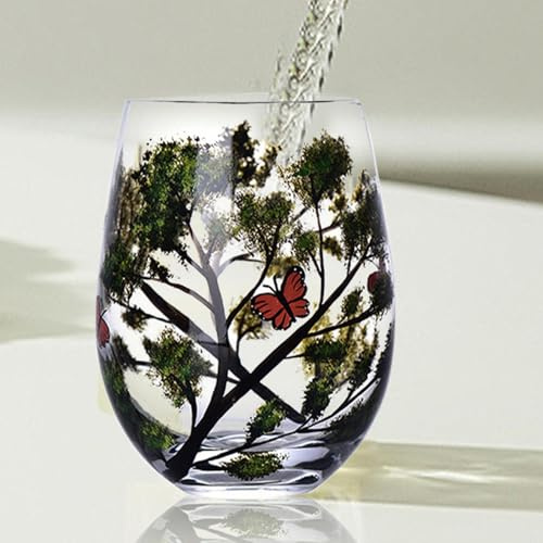 Four Seasons Tree Wine Glass Set - Hand Painted Stemless Glasses with Spring, Summer, Fall, Winter Colors - Floral and Leaves Design for Cocktails