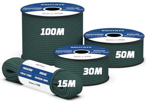 Brotree 550 Paracord 4mm 15M Cuerda Poliéster Tipo III 7 Hebra - 250KG MAX | Negro, Cuerda de Paracaídas, 100% Poliéster, UV Resistencia, Para Al Aire Libre, Exterior, Supervivencia