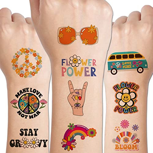 CHARLENT Hippie Temporäre Tattoo Set Kinder - 79 PCS Groovy 70s Flower Power Friedens und Liebes Tattoos für Jungen und Mädchen, Geburtstagsparty-Zubehör