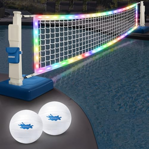 OHYEMO LED-Pool-Volleyballnetz-Set, beleuchtetes Pool-Volleyball-Spiel-Set mit 2 LED-Wasserbällen, verstellbarem Netz und Pumpe, Schwimmbad-Sportspiel-Set für Erwachsene Teenager, Inground Pool