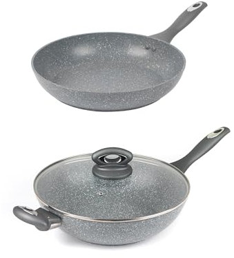 Salter Marblestone 28 cm Frying Pan & Wok Set – Non-Stick Coating, Tempered Glass Lid, PFOA-Free, Corrosion Resistant Forged Aluminium, Suitable for All Hobs, Dishwasher Safe, Stay Cool Handle