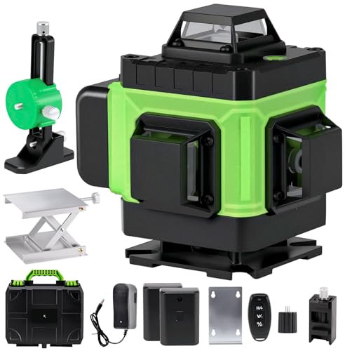 4 x 360° Laser Level, 16 Lines Green Laser Spirit Level Self Leveling, Horizontal and Vertical Cross Line Lazer Tool for Indoor Outdoor, 2 x Battery, Remote Controller, and More
