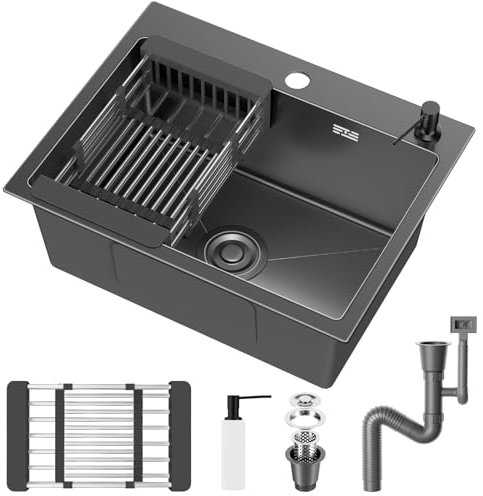 Lavandino Cucina,Lavello cucina in acciaio inox 68x45cm,da incasso e sottotop con filtro a cestello,sifone e Set di Drenaggio