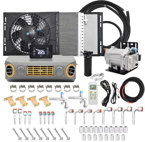 12V/24V Universal Electric AC Compressor Kit for Trucks, Vans & Campers Complete Air Conditioning System(12V Cool hot)