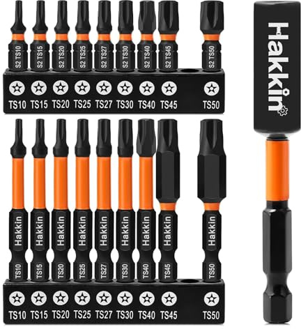 Set di punte Torx da 5 punti, 19 pezzi, cacciaviti speciali Hakkin, 5 punti, punta Torx lunga, 1/4, 5 stelle con foro 60 mm, 25 mm, T10, T15, T20, T25, T27, T30, T40, T45, T50