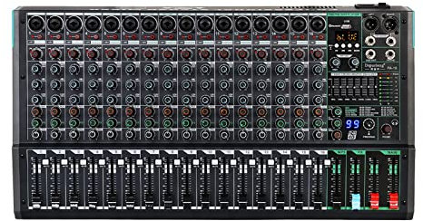 Audio Mixer, DJ Controller Sound Mixer, Professional DJ Mixer Sound Board Desk System Interface 16 Channel Digital 99 Reverb Effect, Ideal for Home Party and Karaoke