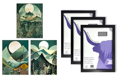 Artery8 Geometric Landscapes Wall Art - Set of 3 A4 Sized Art with Black Frames - Forest Mountain Boho Art Deco Tan Teal Green Full Moon Sunrises