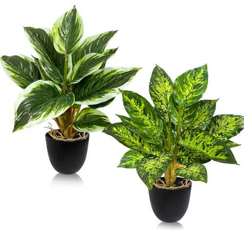 Klerbesh 2 Piezas Plantas Artificiales, Plantas Artificiales Decorativas de Interior, Plantas de Plástico Decoración para Hogar, Oficina, Cocina, Sala o Dormitorio (Bordes Blancos + motas)