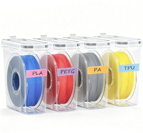 TIOPY 4 Pack Luftdicht 3D Drucker Filament Aufbewahrungsbox, Filament Container für 3D Druck Filament mit Trockenmittel&Etiketten, Wasser Staubdicht, Stapelbar und platzsparend 4.0L