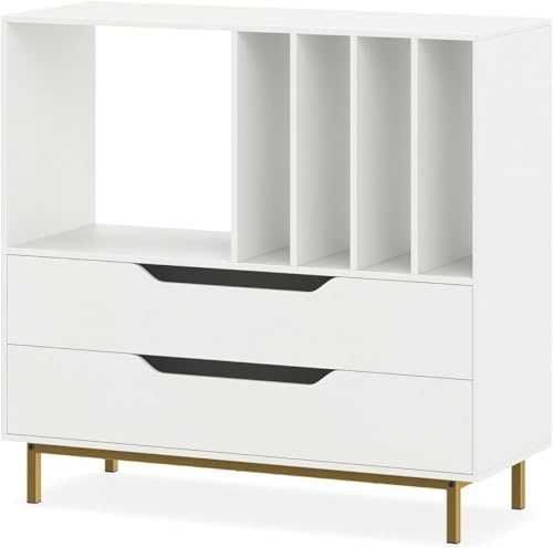 GIANTEX Meuble Platine Vinyle, Support pour Vinyles avec Compartiments Ouverts, 4 Séparateurs, Pieds Métalliques et Tiroir, Étagère pour Disques en Bois pour Salle de Musique, Salon (Blanc)