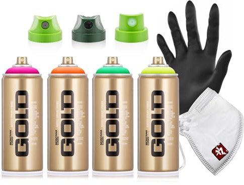 Montana GOLD - Set di bombolette spray da 400 ml, 4 colori, verde neon, rosa, arancione, giallo, con 3 testine spray, maschera protettiva e guanto in nitrile, per graffiti, street art e fai da te